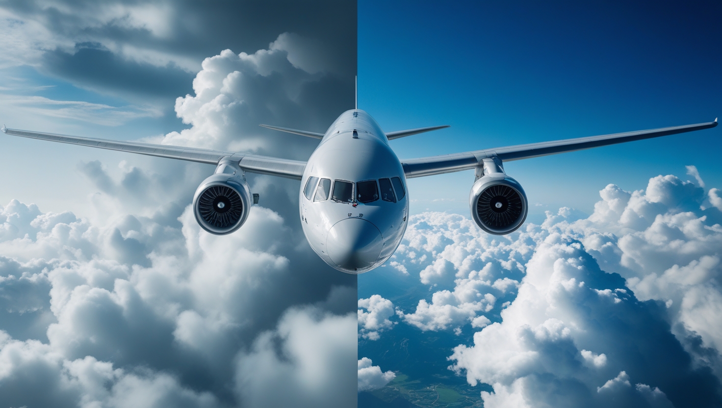 Ein modernes Passagierflugzeug im Steigflug – geteilter Hintergrund: links düstere Wolken, rechts blauer Himmel
